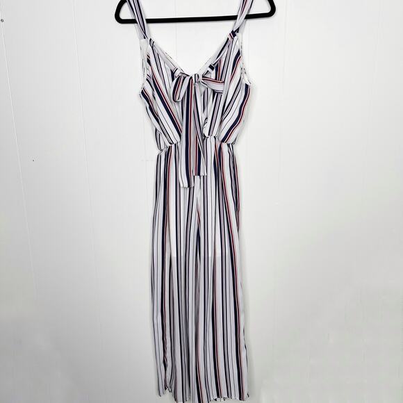 Sienna Sky Striped Button Front Jumpsuit Tie Back White Blue Red M Tie Waist - Picture 2 of 11